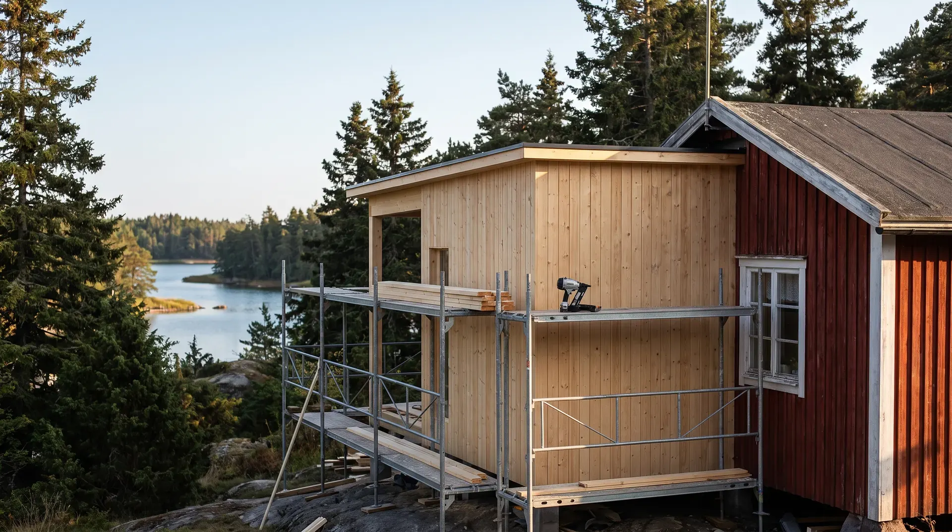 Nybyggd träbyggnad med byggnadsställning vid sjö i skärgårdsmiljö